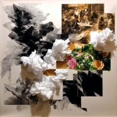 Juxtaposition of Textures and Memories: An Exploration of Abstract Forms, Floral Elements, and Sepia-Toned Imagery in a Mixed-Media Collage Art Piece.