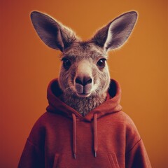 Kangaroo Cool: A stylish roo dons a hoodie against a warm orange backdrop, blending wildlife charm with a touch of urban flair in this portrait.