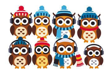 Fototapeta premium Cute Winter Owls Clipart- Cartoon Owls Wearing Hats and Scarves- Adorable Owl Characters with Headphones- Perfect for Holiday Crafts and Designs- Festive Owl Illustration