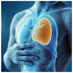 Man touching the spleen area in human body showing inflammation or pain, 3D rendering of the spleen, internal organs and human body system illustrated.