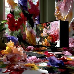 Melting Reality: A Surreal Desktop Scene with Abstract Floral Forms Encapsulating the Computer, Keyboard and Mouse, Creating an Unconventional Digital Space.