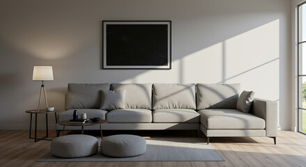 Modern living room interior design with grey sectional sofa and minimalist accessories.