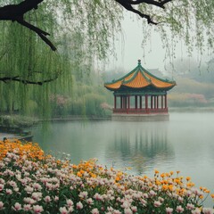 Misty Serenity: Pagoda Reflections Amidst Blossoming Flora, Lakeside Tranquility in a Traditional Chinese Garden Landscape on a Foggy Day, A Peaceful Oasis
