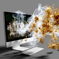 Modern Gaming PC with Digital Art, Fantasy Characters and Energy Effects Breaking Through the Screen, Advanced Technology and Visual Display.