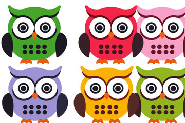 Colorful Owl Cartoon Characters-Cute Owl Illustration for Kids-Bright & Cheerful Owl Graphics-Owl Art with Green Red Pink Purple Yellow-Owl Clipart for Crafts Projects