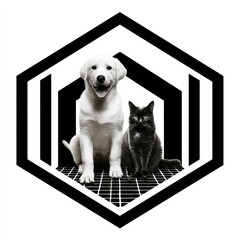 Monochrome Harmony: A Labrador Puppy and a Black Cat Posing Together Inside a Geometric Hexagon Frame, Showcasing a Study in Contrasts and Pet Companionship.