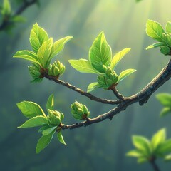New Life Emerging: Spring Buds Unfolding Under Sunlit Canopy, a Glimpse of Renewal in Nature's Awakening Beauty, Tranquil Greenery and Delicate Branching