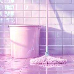 Pastel Pink Cleaning Day: Bucket, Mop, and Wet Tiled Floor in Dreamy, Clean Aesthetics