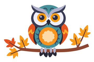 Fototapeta premium Cute Cartoon Owl on Branch with Autumn Leaves Illustration-Whimsical Fall Decor Art-Colorful Bird Graphic for Kids-Perfect for Seasonal Designs-Nature Inspired Image