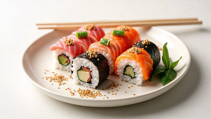 Typical japanese sushis and sashimis on a plate