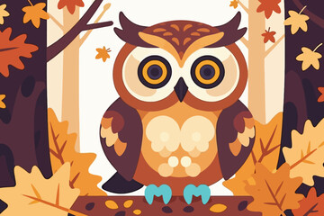 Cute Cartoon Owl in Autumn Forest Illustration- Whimsical Fall Animal Art- Seasonal Graphic Design for Kids- Brown and Orange Colors- Nature Inspired Image