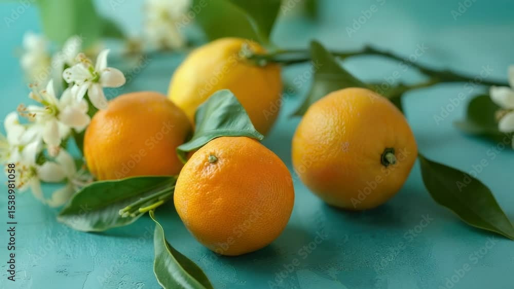 Poster a stack of juicy oranges arranged on a wooden table