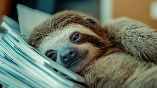 A sloth is resting on a stack of documents, highlighting the importance of taking breaks and prioritizing relaxation