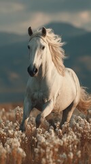 Obraz premium Majestic white horse gallops through a field of blooming flowers at sunset in the countryside