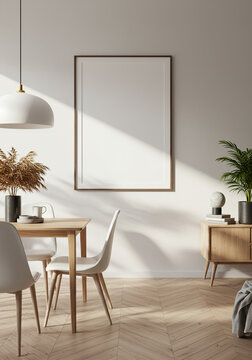 Vertical poster mockup above dining table in a modern Scandinavian dining room with bright natural light