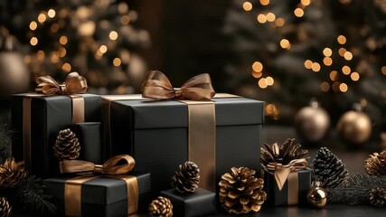 Christmas gift boxes wrapped in black paper and golden ribbons are placed under a christmas tree with warm lights creating a festive ambiance - Powered by Adobe