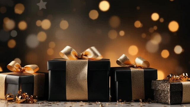 Gift boxes wrapped in black and gold wrapping paper with gold ribbons and bows with sparkling gold confetti. Banner. Christmas card. Copy space. - Powered by Adobe