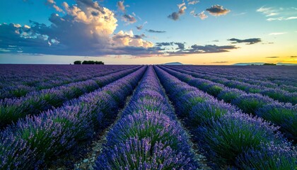Vibrant Lavender Field Under a Colorful Sky During Sunset or Dawn