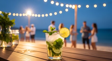 Mojito cocktail with mint and lime served on a wooden bar counter at an outdoor beach party under string lights at night
