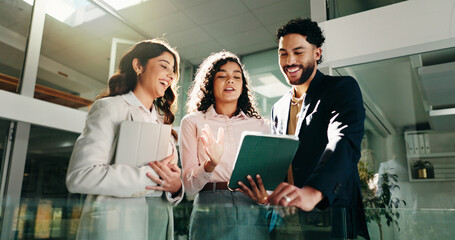 Business people, tablet and group with teamwork, below and meeting with budget report. Employees, collaboration and financial advisors in office, tech and digital app for email, economy and feedback