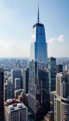 Tall modern skyscraper with reflective glass exterior in bustling city skyline under clear blue sky, showcasing urban architecture and development