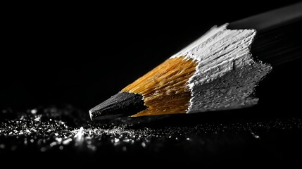 Close up of sharpened pencil with shavings on black background art design
