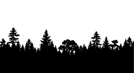 Forest landscape black silhouette isolated on a white or transparent background, vector illustration