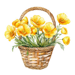 A Buttercup Flower Basket, watercolor painting vector, isolated on a white background.