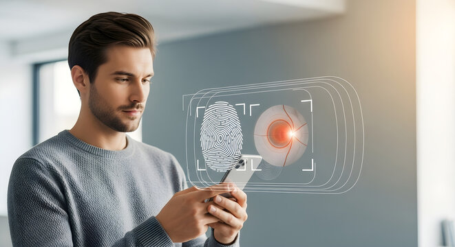 Man uses smartphone with fingerprint and eye scan authentication technology overlay isolated on white background, tarensparent background, png, jpg,jpeg,  on transparent background