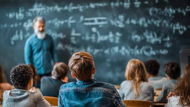 Diverse group of high school students attentively listening to their professor explaining complex mathematical equations written on the blackboard during a lesson in the classroom