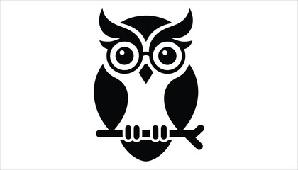 Wise Owl Silhouette Vector with Glasses on Branch