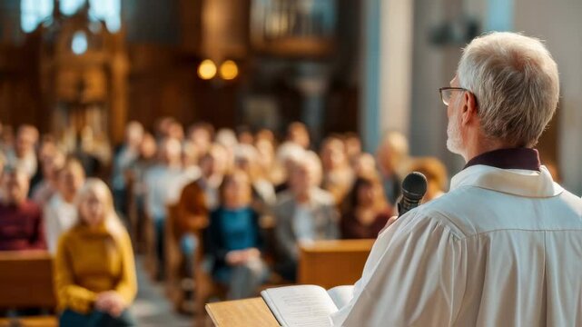 Elderly priest reading biblical passage while delivering passionate sermon to attentive congregation during sunday church service, standing at wooden pulpit with religious devotion