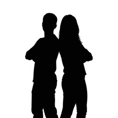 Male and Female Silhouettes Standing Back-to-Back with Crossed Arms