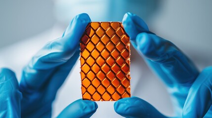 Scientist wearing blue gloves showing a graphene battery, a new innovative material for energy storage