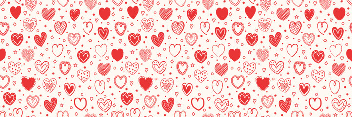 Cartoon style seamless pattern with cute hearts. Texture with hand drawn shapes. Doodles. Design for Valentine’s Day, Mother’s Day and Women’s Day. Vector illustration