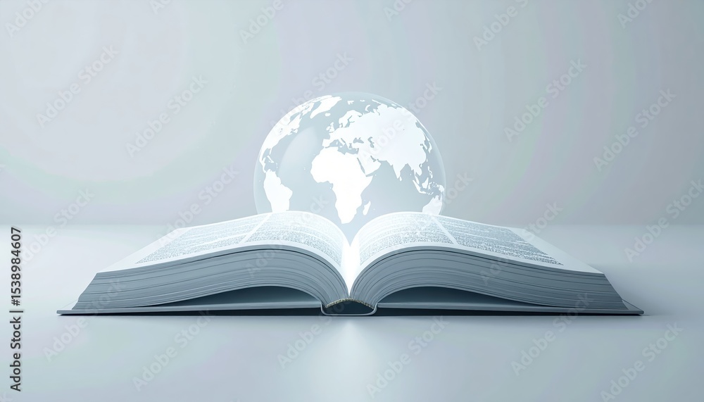 Poster open book with glowing globe on a minimalist table representing knowledge and global awareness