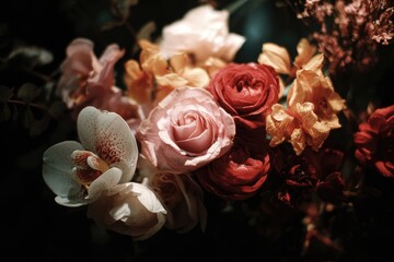 Lush bouquet of pink, red, and orange roses and orchids, dramatically lit against a dark background