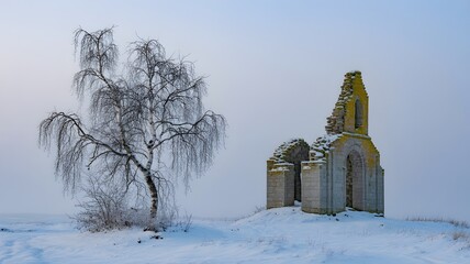 An ancient ruined church ruin and a bare tree standing side by side on a snow-covered hill in the winter