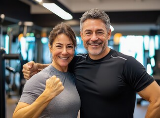 Two smiling fitness enthusiasts celebrating their workout success in a gym setting.