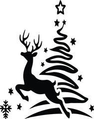 Fototapeta premium Black Silhouette of Reindeer Leaping Towards Stylized Christmas Tree with Stars and Snowflake Design Element