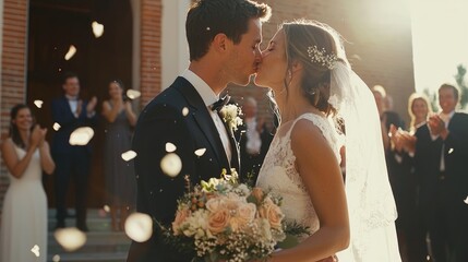 Joyful newlyweds share a kiss surrounded by friends and family celebrating their wedding day.