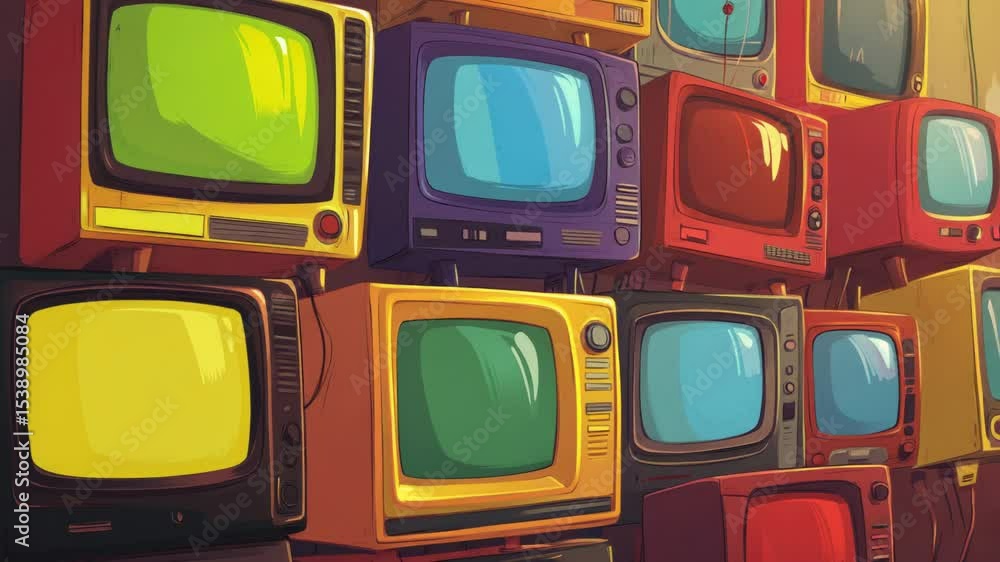 Poster a collection of televisions stacked on top of each other, possibly in a store or warehouse