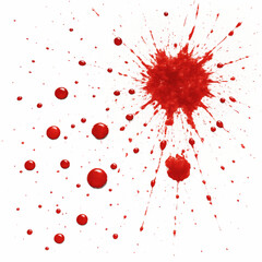 Red paint splatters and droplets scattered across a white background, creating an abstract, dynamic design.