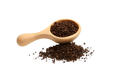 Roasted coffee beans in wooden spoon spilling onto surface