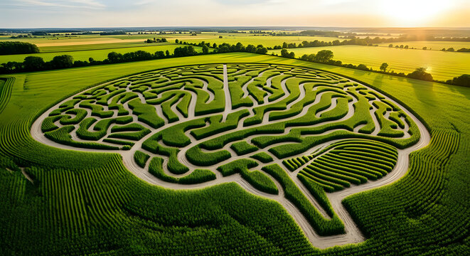 Aerial view of a brain shaped maze in a green field with a sunset in the background landscape scene