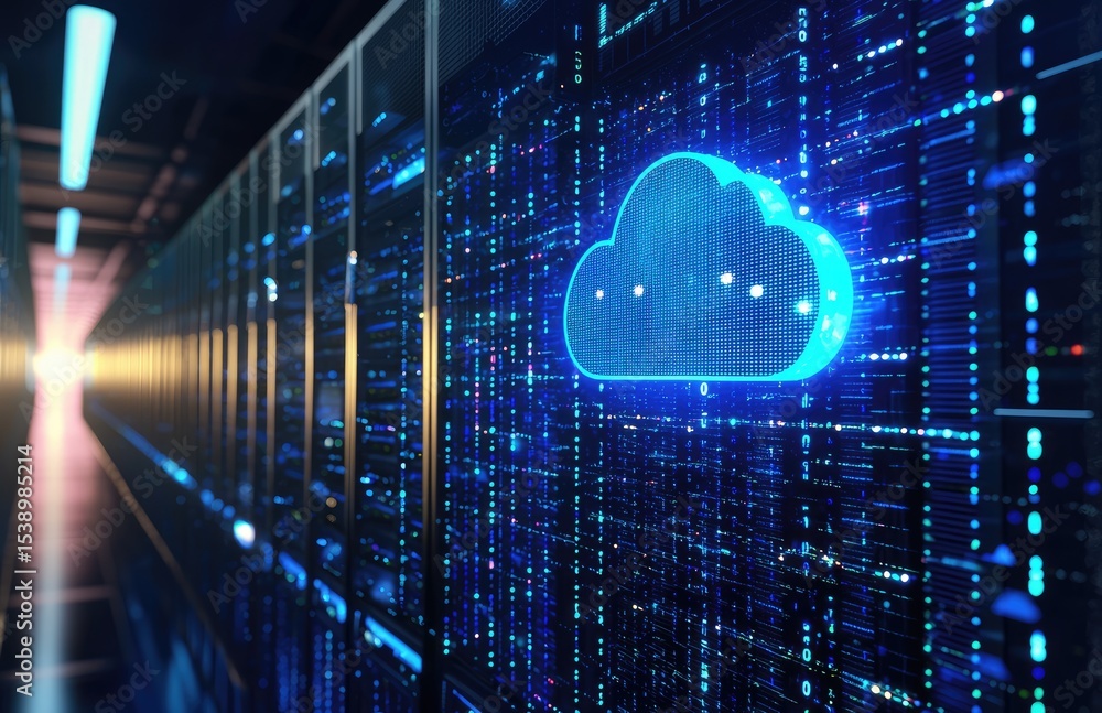 Poster High-tech server room with glowing blue cloud symbol and digital particles representing cloud storage, secure networking, and modern IT infrastructure in futuristic data management environments