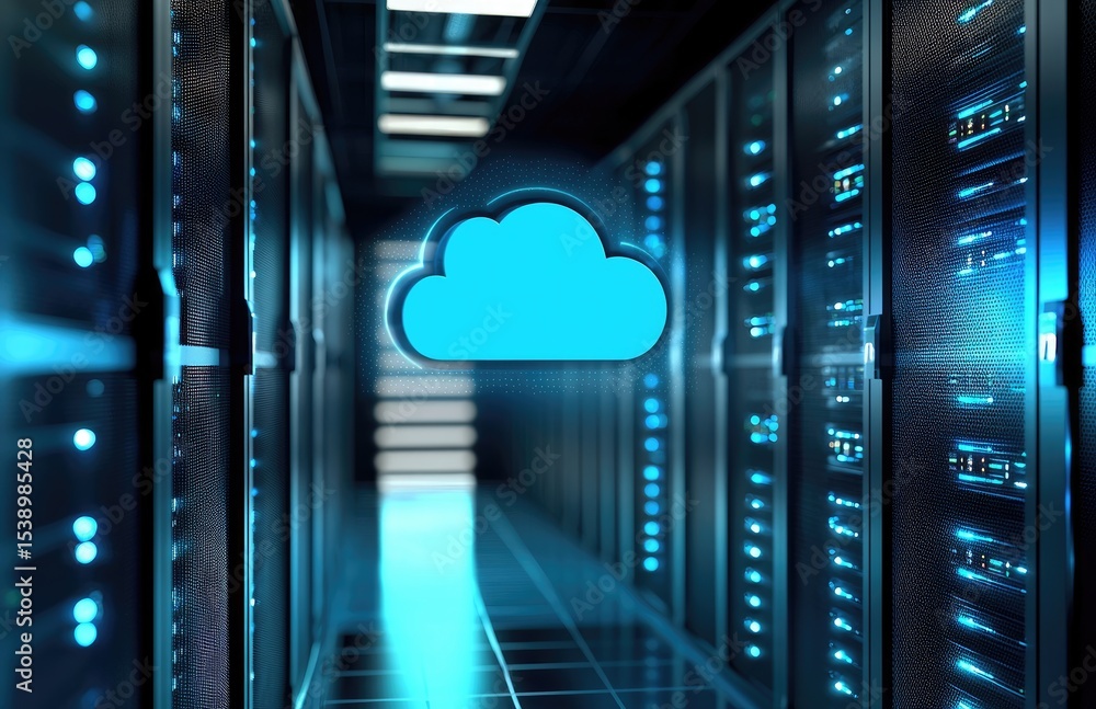 Aufkleber Modern data center hallway with illuminated blue cloud icon above server racks, representing cloud technology, secure data processing, digital infrastructure, and futuristic IT network systems