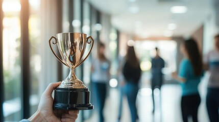 Hand holding a trophy with blurred figures in the background celebrating achievement.
