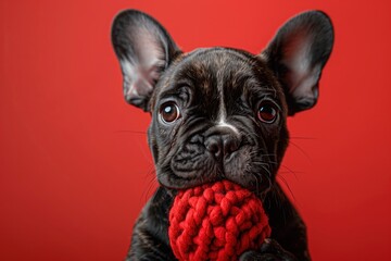 Adorable french bulldog puppy holding a red knitted ball in its mouth against a vibrant red backdrop