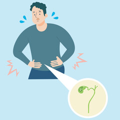 Flat vector illustration showing acute cholecystitis and related gallbladder diseases like gallstones and biliary colic, highlighting inflammation, pain, and digestive distress medical context 